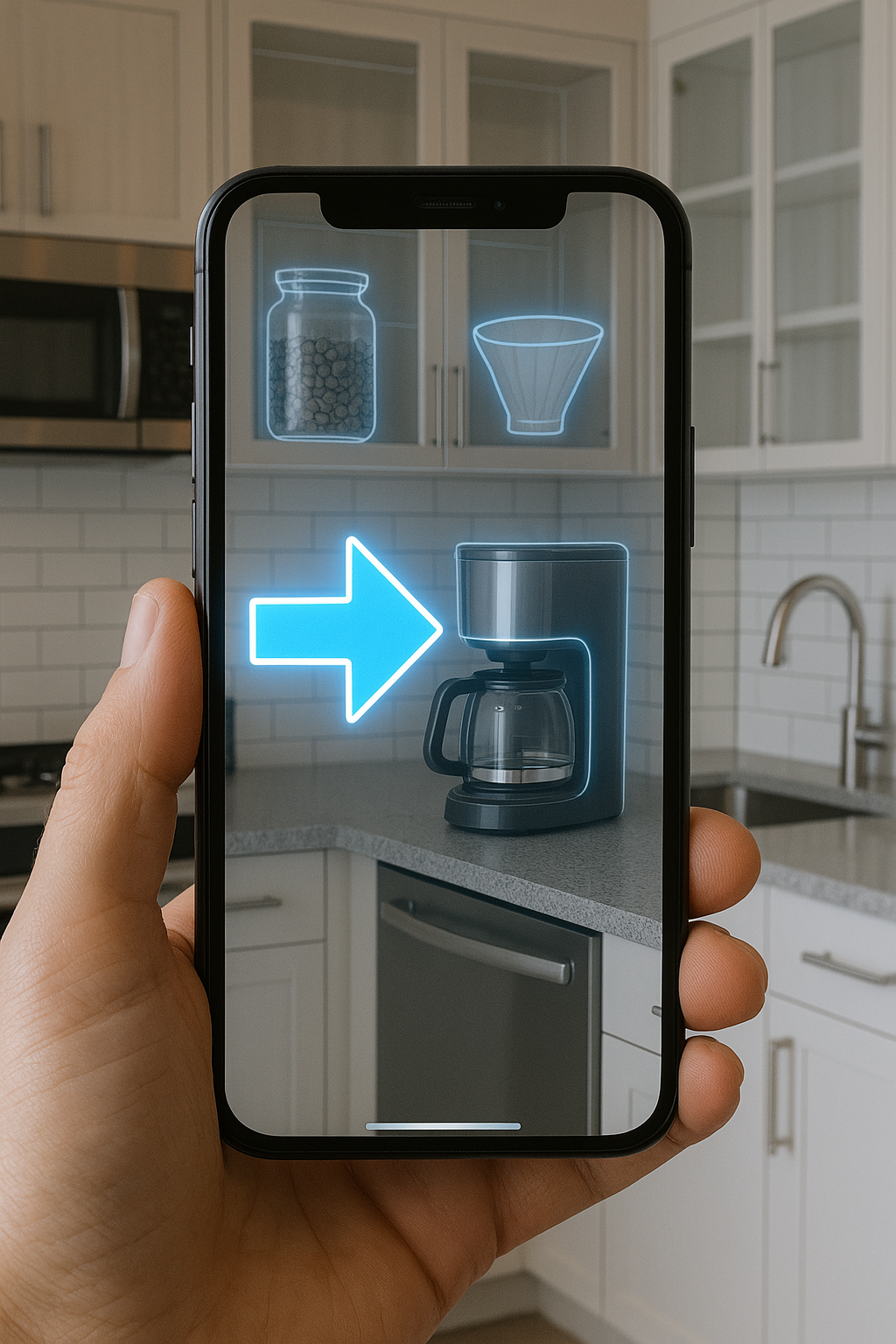 AR arrow pointing to coffee machine
